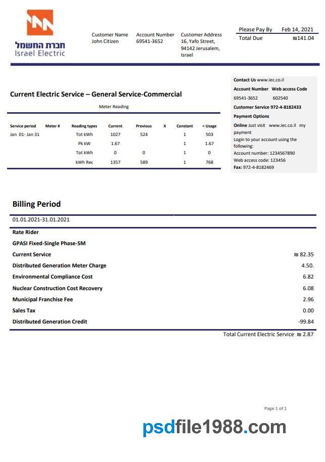 Israel Electric Corporation Utility Bill